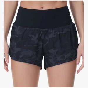 THE GYM PEOPLE High Waisted Running Shorts Black Grey Camo M